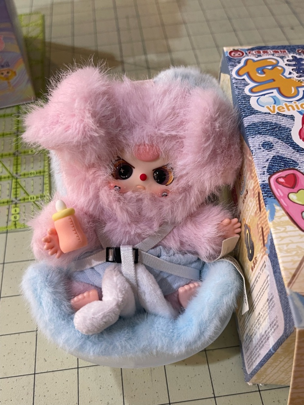 Super Cute!! Baby Three Pink Plush Vehicle-Mounted Baby Doll with Bottle - Picture 2 of 7